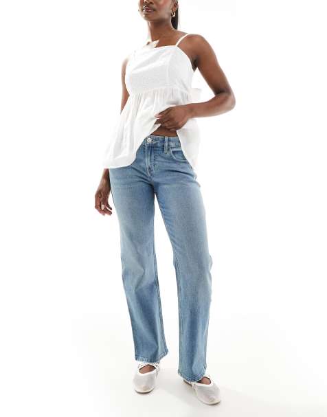 Hollister – Raka jeans i mellanblå tvätt med avslappnad passform och låg midja - view 1