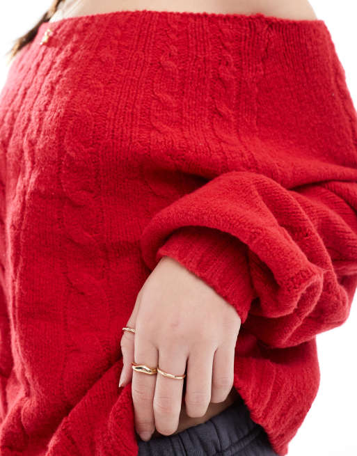Hollister - Rød offshoulder-trøje i kabelstrik, 4 af 4