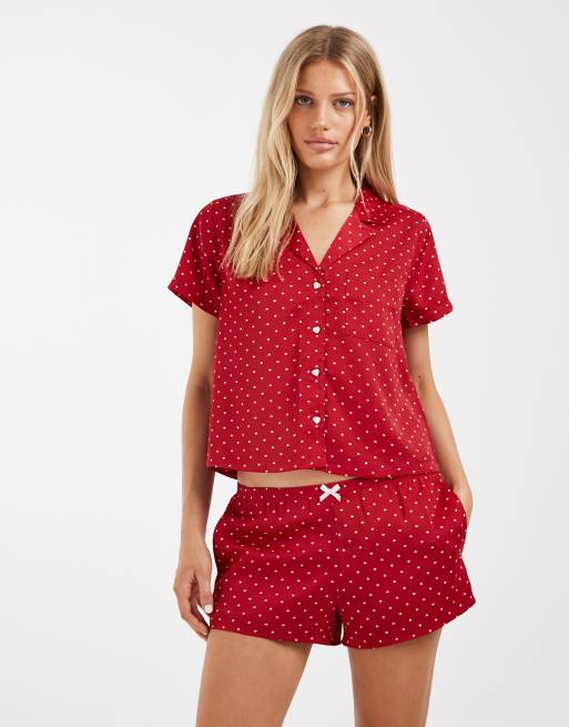 Hollister - Røde pyjamasshorts med flæser og hjerte-polkaprikker - Del af sæt