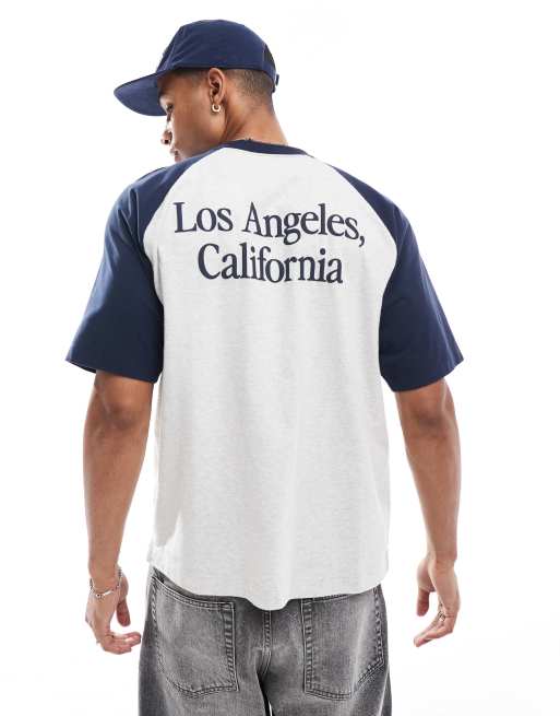 Hollister - Recht baseball-T-shirt van zware stof met raglanmouwen en print op de achterkant in gemêleerd grijs / marineblauw