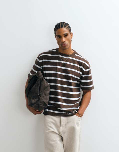 Hollister - Recht gestreept T-shirt van zware stof in bruin en blauw - view 1
