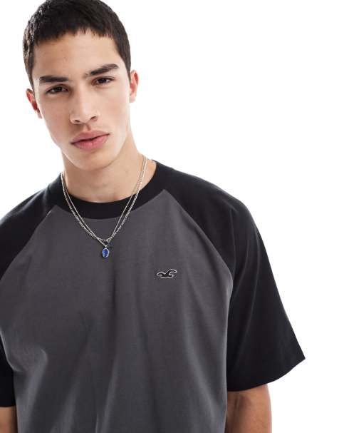 Hollister - Recht T-shirt met icoonlogo, raglanmouwen en contrasterende biezen in crème multi - view 1