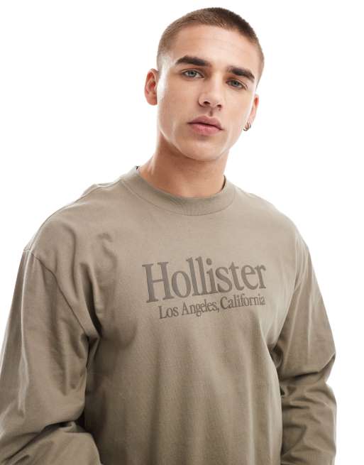 Hollister - Recht T-shirt van zware stof met lange mouwen en logo in lichtbruin