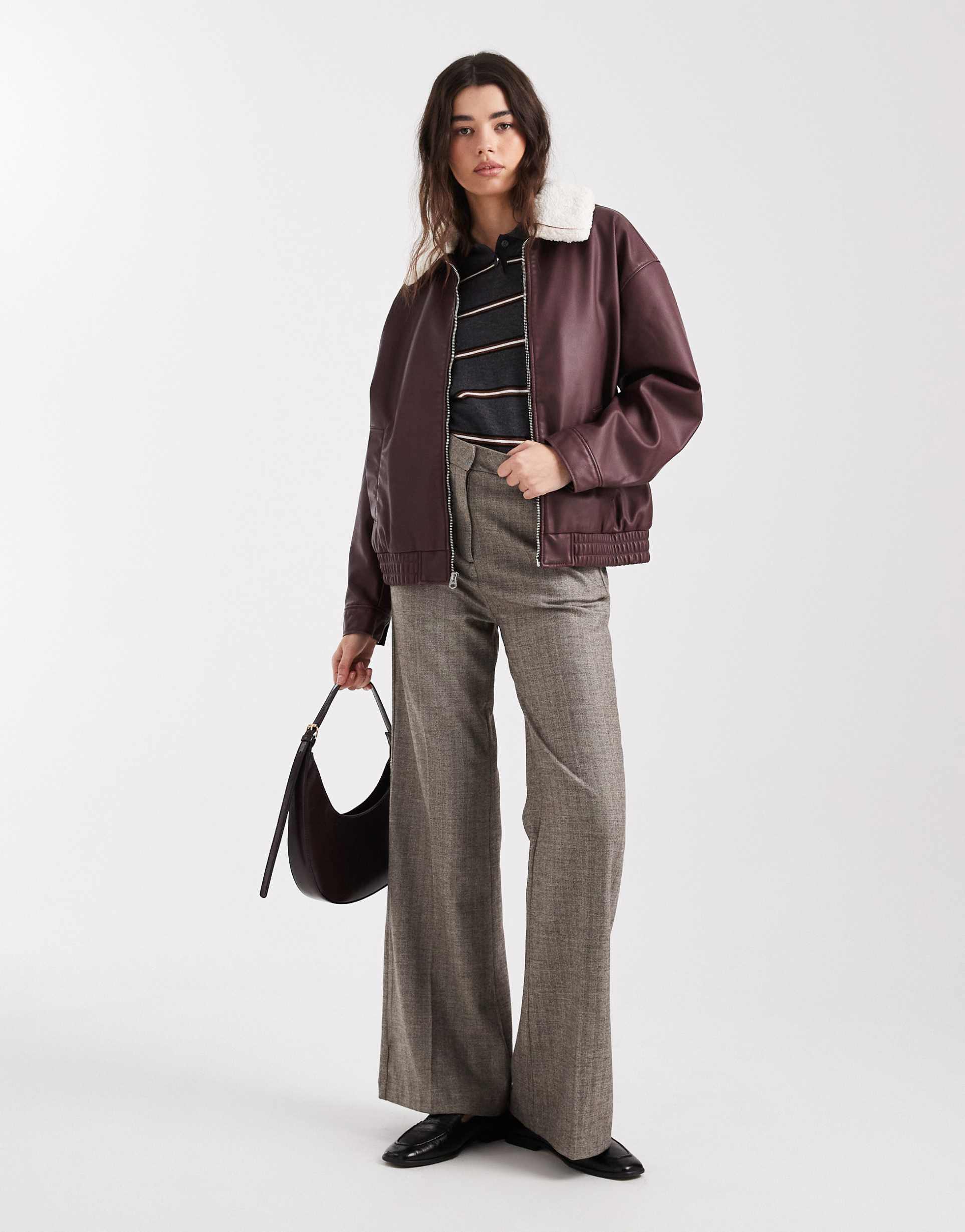 hollister removable collar faux leather bomber jacket in burgundy