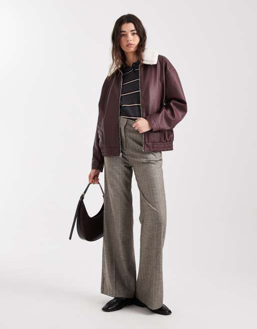 Hollister removable collar faux leather bomber jacket in burgundy