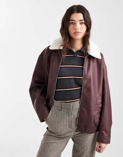 Hollister removable collar faux leather bomber jacket in burgundy, 2 of 4