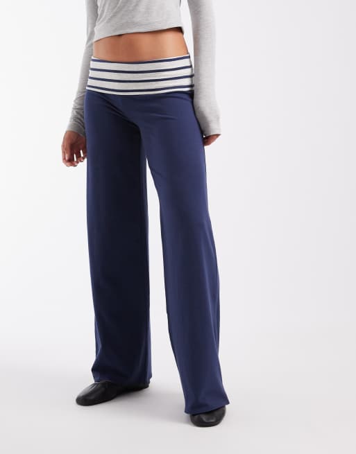 Hollister reversible knitted foldover wide leg trousers in navy stripe , 1 of 5