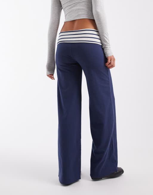 Hollister reversible knitted foldover wide leg trousers in navy stripe , 4 of 5