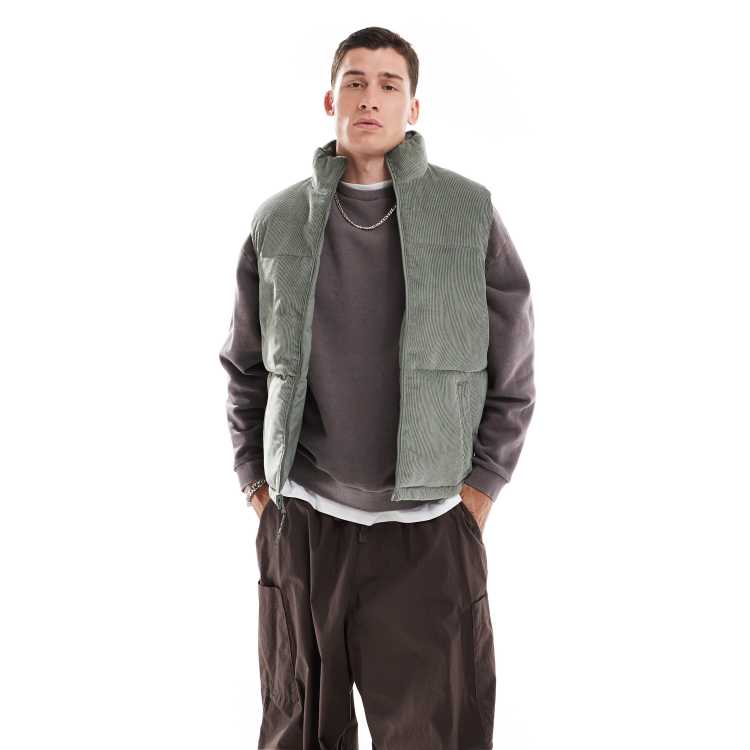 Hollister reversible nylon cord relaxed fit puffer vest in dark green ASOS