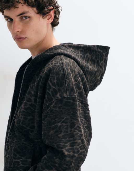 Hollister reversible zip up hoodie in black and leopard, 4 of 5