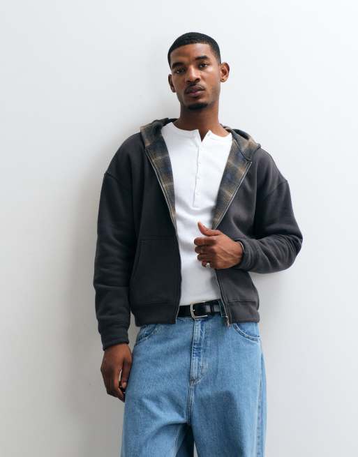 Hollister reversible zip up hoodie in black plaid, 1 of 5