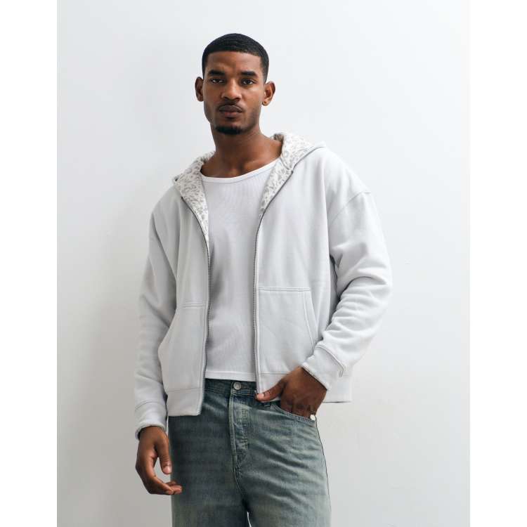 Hollister reversible zip up hoodie in light gray leopard print | ASOS