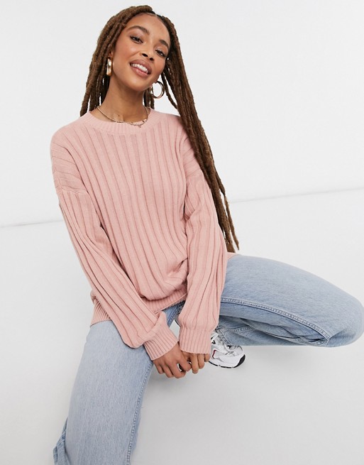 Hollister rib crew neck knitted jumper in pink
