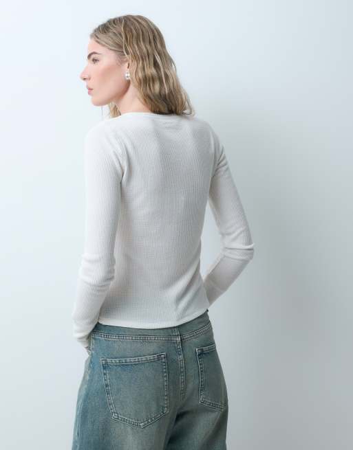 Hollister ribbad långärmad henley i naturvit, 5 av 5
