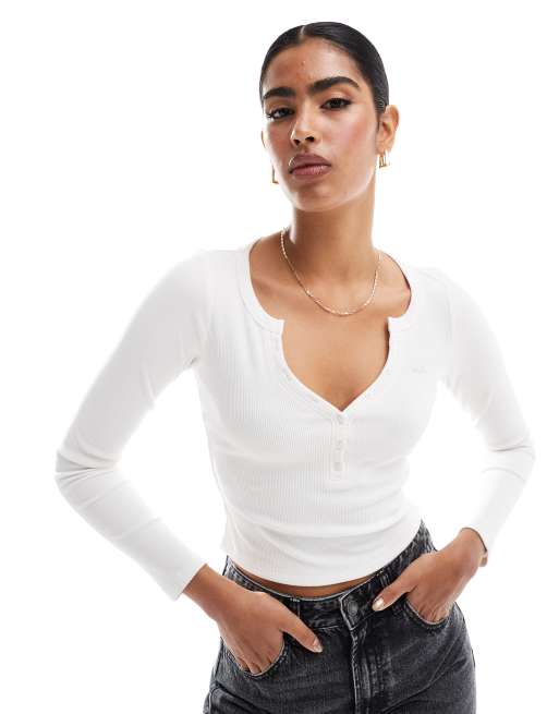 Hollister ribbed button detail plunge neck top in off white, 3 of 4