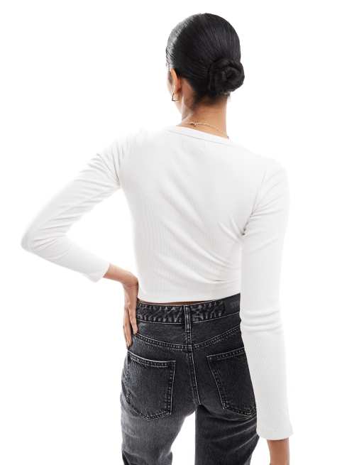 Hollister ribbed button detail plunge neck top in off white, 4 of 4