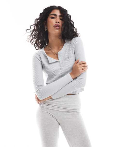 Hollister ribbed logo button down crop top in grey  - view 1