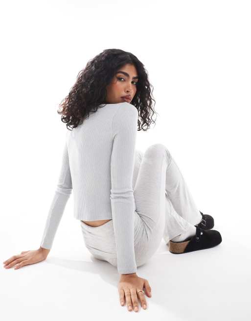 Hollister ribbed logo button down crop top in grey