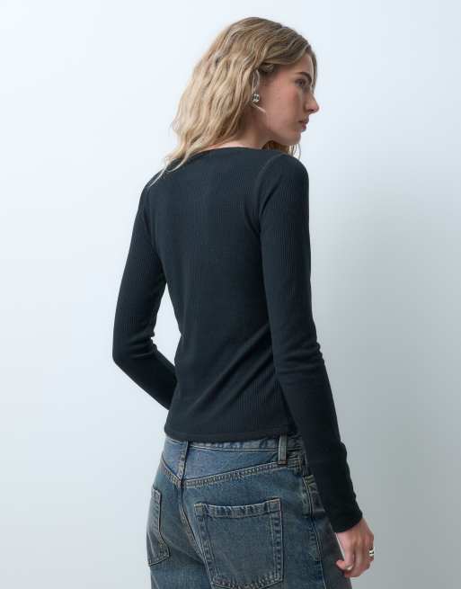 Hollister ribbed long sleeve henley in black, 4 of 5