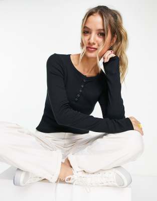 Hollister Ribbed Long Sleeve Henley Top In Black In Black