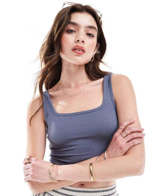Hollister ribbed square neck singlet top in dark grey