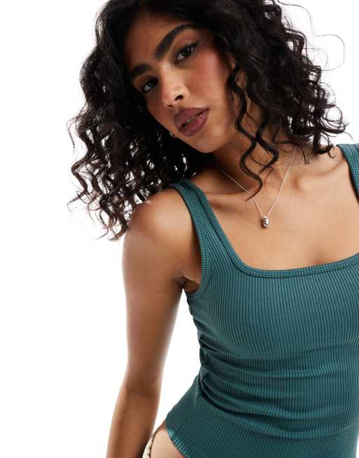Hollister ribbed square neck singlet top in green 21inch