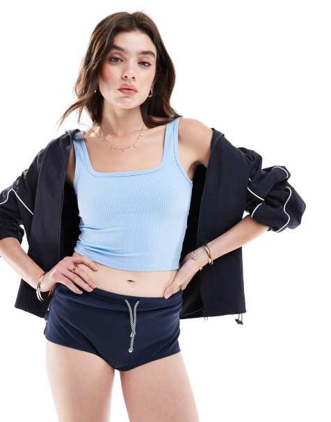 Hollister ribbed square neck vest top in light blue 21inch - view 1