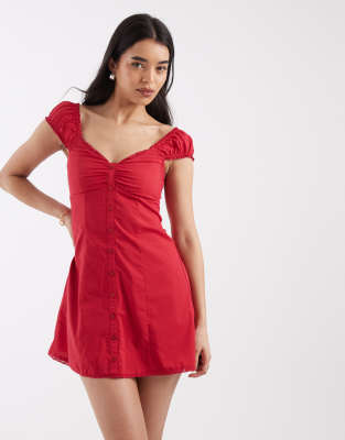 Robe courte boutonnée à mancherons - Rouge S