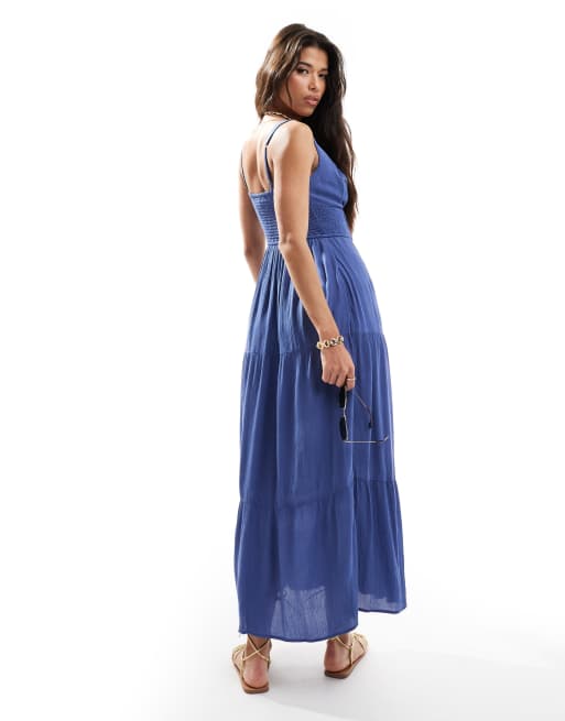 Hollister Robe longue avec cotes a smocks et fente Bleu ASOS