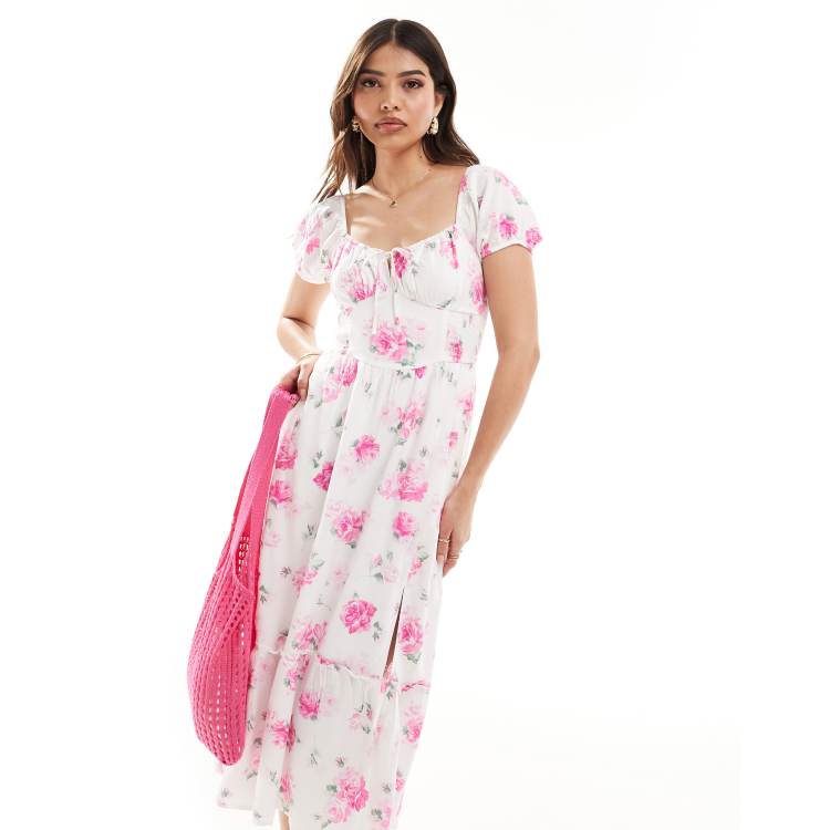 Hollister Robe mi longue a fleurs avec details corset Blanc et rose Cra wallonieShops