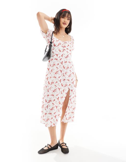 Hollister Robe mi longue fendue a fleurs Blanc
