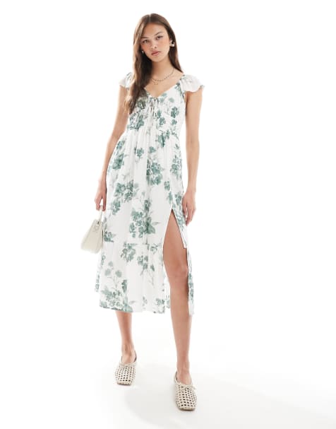 Hollister - Robe mi-longue fendue tendance folk à manches courtes - Vert fleuri - view 1