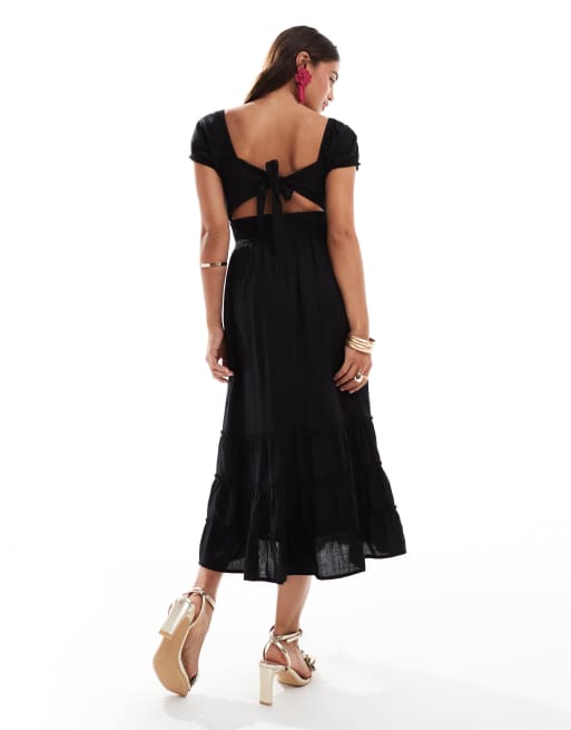 Hollister - Robe mi-longue nouée dans le dos à manches bouffantes - Noir