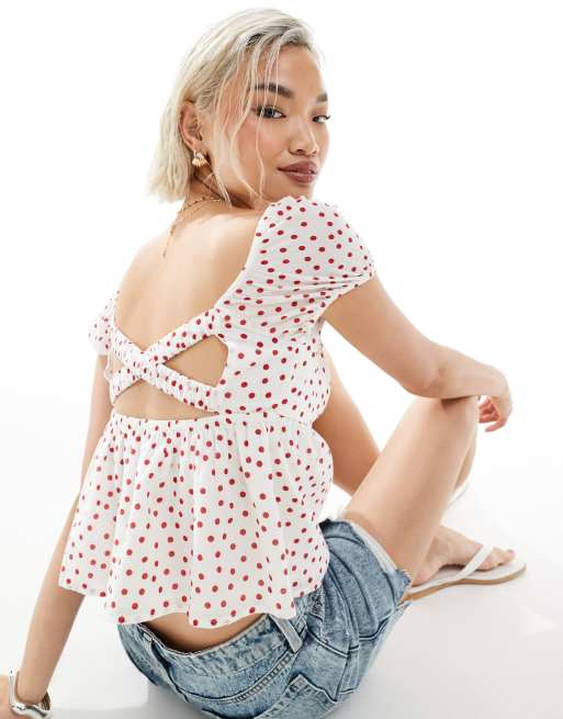 Hollister – Röd och vit, ginghamrutig topp i babydoll-modell med puffärmar och öppen rygg