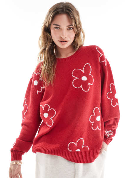 Hollister – Röd, stickad tröja i oversize med blommigt mönster - view 1