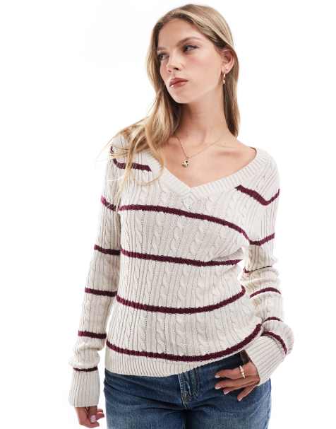 Hollister – Rosa gestreifter Strickpullover mit V-Ausschnitt und Markenlogo - view 1