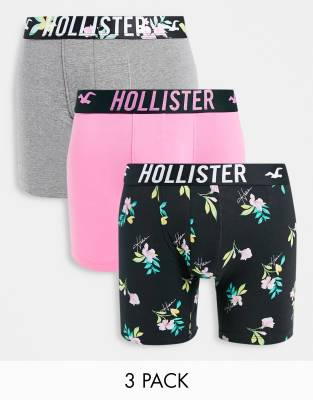 Hollister – Rosa/grå och mönstrade kalsonger i längre längd med logga på midjebandet, 3-pack