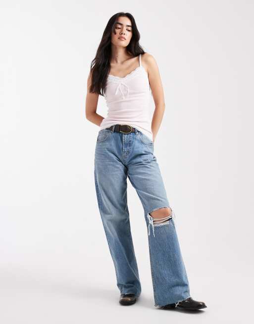 Hollister – Rosa, pointellestickat linne med y2k-stil och spetskant, 2 av 4