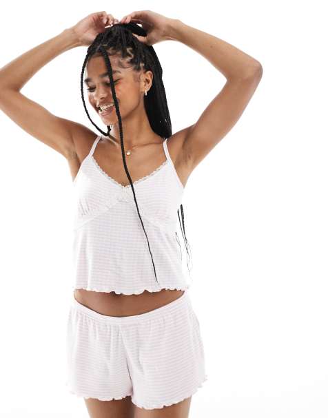 Hollister – Rosarandig, pointellestickad pyjamas med topp och shorts med spets - view 1