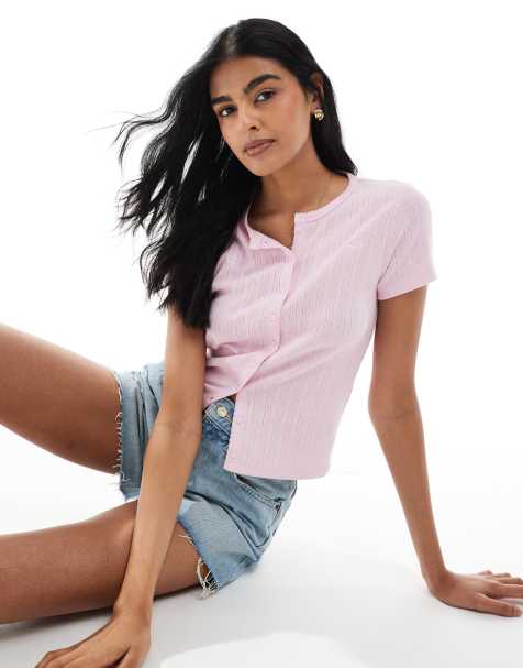 Hollister pointelle short sleeve cardigan in dusty pink