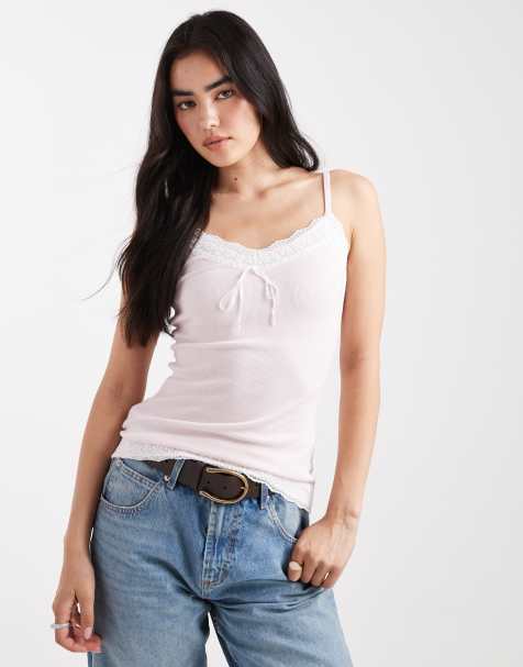 Hollister – Różowy top na ramiączkach z dzianiny pointelle z koronkowym wykończeniem w stylu lat 2000. - view 1