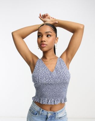 Hollister ruched crop top in grey blue floral print