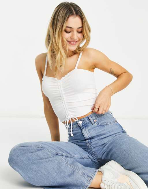 Hollister ruched front singlet top in white