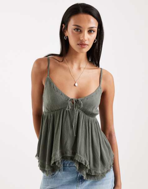 Hollister ruffle boho babydoll cami in green - view 1