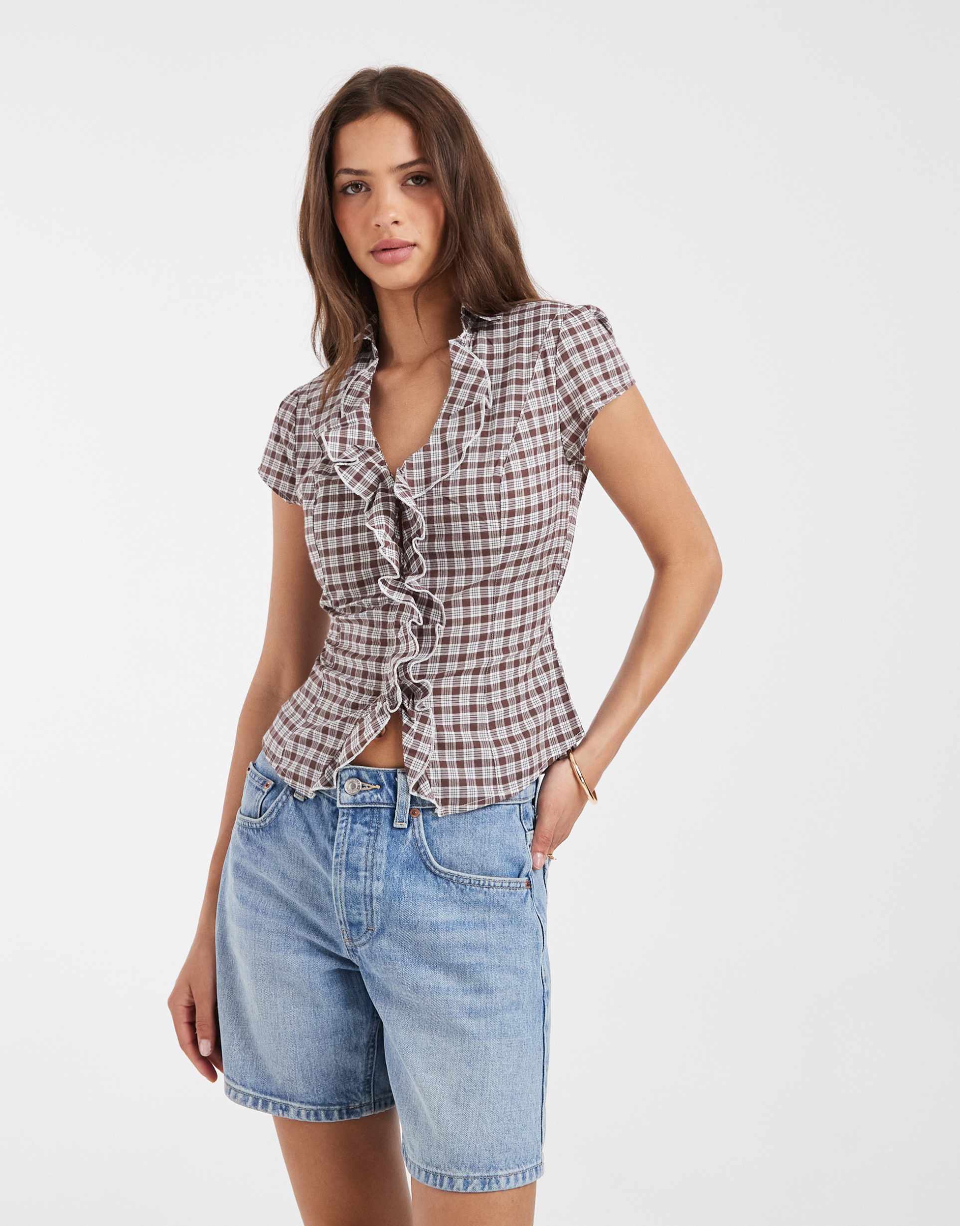 hollister ruffle front short sleeve shirt in brown check