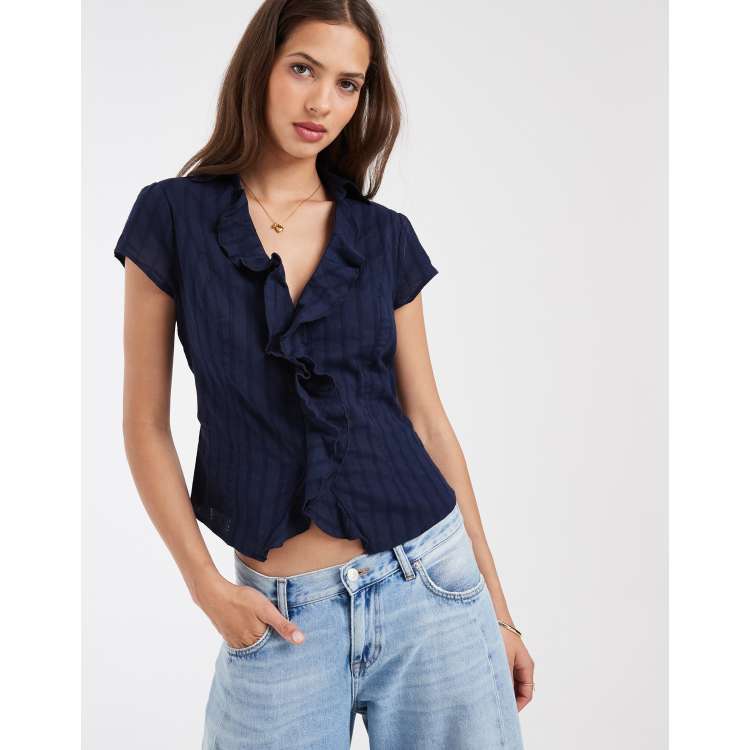 Hollister ruffle front short sleeve shirt in navy | ASOS