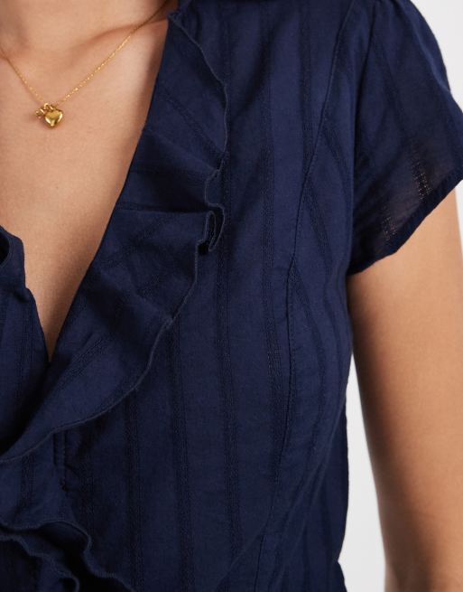 Hollister ruffle front short sleeve shirt in navy, 3 of 4