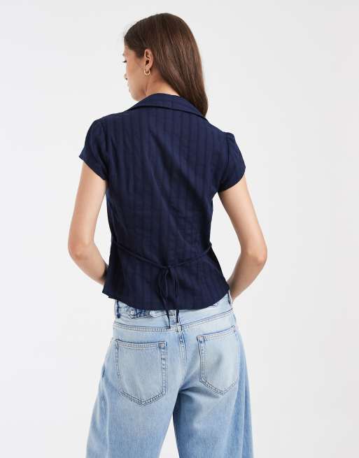 Hollister ruffle front short sleeve shirt in navy, 4 of 4