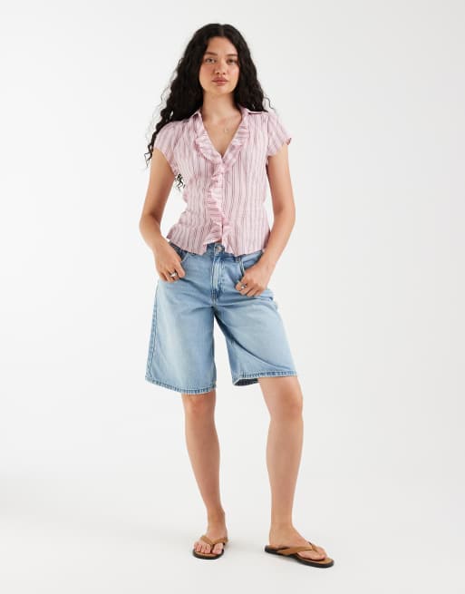 Hollister ruffle front short sleeve shirt in pink pinstripe, 2 of 4