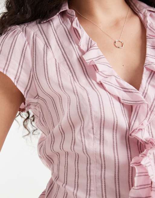 Hollister ruffle front short sleeve shirt in pink pinstripe, 3 of 4
